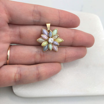 18K Gold Layered Oro Laminado Clear CZ  With Multicolor Marquese Pendant Flower Design 31.0086/30